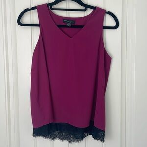 Pink Purple Sleeveless Blouse, Size S, Simply Styled Tank Top Black Lace Fringe